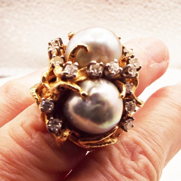 OCEAN 14K GOLD 32 GR., W/ 2 -12 MM GREY MOBE PEARLS & .34 TW DIAMONDS SZ. 4 RING - Picture 6 of 10